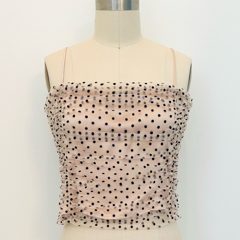 LOFT Ruched Bustier Style Top NWOT Nude Tulle Black Flocked Polka Dots 8